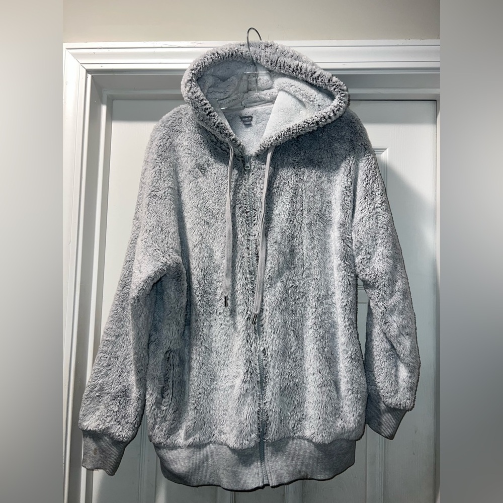 Aerie Women's Sherpa Sz Small “Oversized” Full Zip Hooded Jacket Gray Faux Fur - Picture 8 of 12